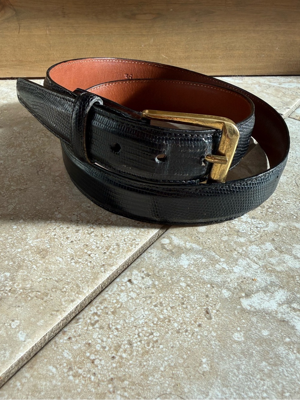 Torino Ringmark Lizard Black Leather Belt Solid Brass Buckle - Mens Size 36